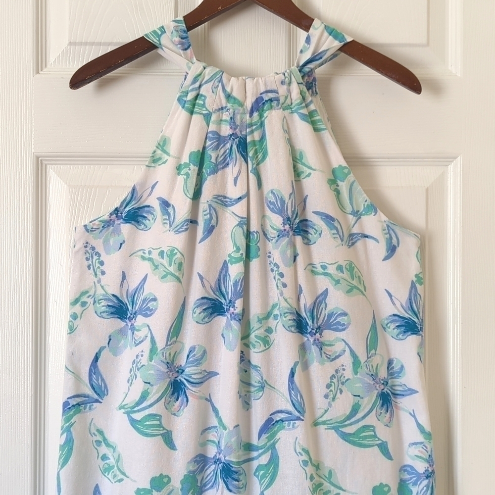 Charlie Paige Floral Linen Blend Sleeveless Halter Neck Mini Dress White Blue L - Picture 2 of 14